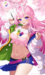 Rule 34 | 1girl, antlers, blurry, blurry background, breasts, cleavage, cowboy shot, fang, groin, hands up, holding, holding stylus, horns, jacket, kohanayuki, long hair, long sleeves, looking at viewer, medium breasts, miniskirt, navel, open clothes, open jacket, open mouth, original, petals, pink hair, purple eyes, skin fang, skirt, solo, stylus, twitter username, two-sided fabric, two-sided jacket