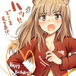 Rule 34 | 1girl, ^^^, animal ears, blush, brown eyes, brown hair, covering breasts, covering privates, dressing, embarrassed, fernandia malvezzi, heart, long hair, military, military uniform, no bra, open clothes, open mouth, open shirt, red shirt, sandwich (artist), shirt, solo, strike witches, strike witches: kurenai no majo-tachi, tsuchii (ramakifrau), uniform, world witches series