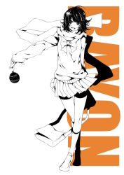 Rule 34 | 1girl, akishima kei, arm behind back, bag, bow, bowtie, full body, holding, holding bag, kneehighs, long scarf, looking at viewer, medium hair, messy hair, miniskirt, monochrome, open mouth, outstretched arm, pleated skirt, scarf, school uniform, serafuku, shoes, skirt, sleeves past wrists, smile, socks, solo, standing, sweater, walking, wind