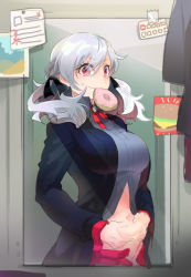 Rule 34 | 1girl, belly grab, breasts, cowboy shot, doughnut, eyes visible through hair, food, food in mouth, girls&#039; frontline, glass, hair between eyes, hair ribbon, large breasts, menpo, plump, red eyes, reflection, ribbon, silver hair, solo, spas-12 (girls&#039; frontline), sweatdrop, wavy mouth