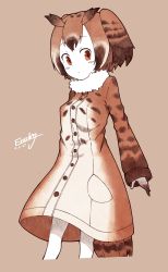 Rule 34 | 1girl, absurdres, bad id, bad twitter id, bird tail, bird wings, blush, brown eyes, brown hair, buttons, coat, commentary request, cowboy shot, enk 0822, eurasian eagle owl (kemono friends), fur collar, gloves, head wings, highres, kemono friends, long sleeves, multicolored hair, owl ears, pantyhose, short hair, solo, tail, white hair, wings