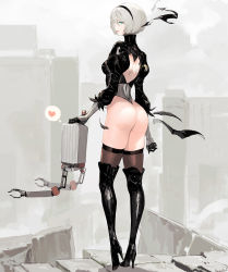 Rule 34 | 1girl, ass, back, back cutout, bamuth, black thighhighs, blurry, blurry background, boots, clothing cutout, feather-trimmed sleeves, gloves, green eyes, hairband, heart, high heel boots, high heels, highleg, highleg leotard, highres, leotard, looking at viewer, looking back, nier (series), nier:automata, pod (nier:automata), short hair, silver hair, solo, standing, thigh boots, thighhighs, thighhighs under boots, torn blindfold, 2b (nier:automata)