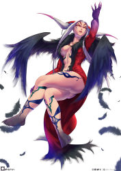 Rule 34 | 1girl, arm up, bare legs, barefoot, breasts, cleavage, dress, facial mark, feathers, final fantasy, final fantasy viii, floating, fur collar, gluteal fold, highres, jewelry, large breasts, crossed legs, lipstick, looking up, makeup, markings, midriff, monster girl, navel, necklace, open clothes, open dress, orihalchon, red dress, solo, witch, thick thighs, thighs, ultimecia, white background, white hair, wings, yellow eyes