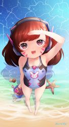 Rule 34 | 1girl, absurdres, bare arms, bare legs, born-to-die, bucket, child, collarbone, covered navel, d.va (overwatch), facial mark, flat chest, from above, full body, headgear, heart, heart-shaped pupils, highres, holding, long hair, looking at viewer, looking up, one-piece swimsuit, open mouth, overwatch, overwatch 1, sand, seashell, shell, shovel, standing, starfish, swimsuit, symbol-shaped pupils, water, whisker markings