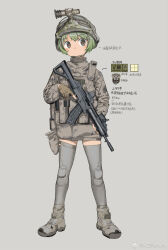 Rule 34 | 1girl, brown eyes, camouflage, closed mouth, dot mouth, green hair, grey background, grey footwear, grey thighhighs, gun, helmet, highres, holding, holding gun, holding weapon, knee pads, military, military uniform, original, short hair, simple background, solo, thighhighs, uniform, watermark, weapon, weapon request, zhongye yu