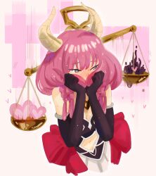 Rule 34 | 1girl, absurdres, aura (sousou no frieren), balance scale, bchan1582, blush, braid, breasts, cleavage, clothing cutout, commentary request, covering face, demon girl, demon horns, elbow gloves, gloves, gold necklace, heart, heart-shaped pupils, highres, holding, holding own hair, horns, jewelry, long hair, medium breasts, multiple braids, navel cutout, necklace, nose blush, pink hair, quad braids, scales, skirt, solo, sousou no frieren, sweat, symbol-shaped pupils, upper body, weighing scale, white skirt