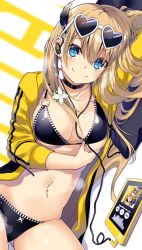 Rule 34 | 1girl, bikini, black bikini, blonde hair, blue eyes, breasts, cable, cellphone, choker, cleavage, closed mouth, collarbone, commentary request, ear piercing, earphones, earrings, eyewear on head, feather hair ornament, heart, heart-shaped eyewear, highres, jacket, jewelry, kurebayashi noe, large breasts, long hair, long sleeves, looking at viewer, lying, navel, navel piercing, on back, open clothes, open jacket, original, phone, piercing, skindentation, slit pupils, smartphone, smile, solo, stomach, sunglasses, sunglasses on head, swimsuit, thighs, white-framed eyewear, yellow jacket
