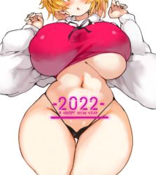 Rule 34 | 2022, black hair, blonde hair, breasts, huge breasts, multicolored hair, navel, open mouth, ribbon, sachito, short hair, simple background, solo, streaked hair, thighs, toramaru shou, touhou, two-tone hair, underboob, white background, wide hips, yellow eyes