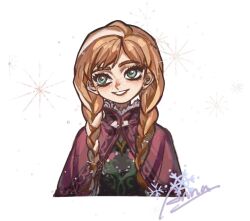 Rule 34 | 1girl, anna (frozen), aqua eyes, braid, brown hair, cape, character name, eyelashes, freckles, frozen (disney), grin, long hair, looking up, multicolored hair, purple cape, smile, snowflakes, solo, streaked hair, swept bangs, thenintlichen96, twin braids, two-tone hair, upper body, white background, white hair