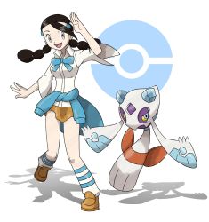 Rule 34 | 1girl, :d, bad id, bad pixiv id, bare arms, black hair, blue bow, blue bowtie, blue eyes, bow, bowtie, breasts, brown footwear, brown skirt, candice (pokemon), closed mouth, clothes around waist, collared shirt, colored sclera, creatures (company), diamond (shape), eyelashes, facing viewer, floating, froslass, full body, game freak, gen 4 pokemon, grey eyes, gym leader, hair ornament, highres, ice, legs apart, legs up, loafers, long hair, long sleeves, looking at viewer, medium breasts, miniskirt, multi-tied hair, nintendo, official style, open mouth, poke ball, pokemon, pokemon (creature), pokemon dppt, popped collar, shadow, shirt, shoes, short sleeves, simple background, skirt, smile, socks, standing, standing on one leg, striped clothes, striped legwear, striped socks, tareme, tellzeta, tongue, twintails, white background, white shirt, yellow sclera