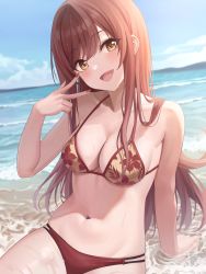 Rule 34 | 1girl, :d, absurdres, beach, bikini, breasts, cleavage, dripping, floral print, fujizarashi, happy, highres, idolmaster, idolmaster shiny colors, looking at viewer, medium breasts, nail polish, navel, open mouth, osaki amana, outdoors, red bikini, red hair, red nails, sitting, smile, solo, swimsuit, v, wet, yellow eyes