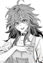 Rule 34 | 1girl, ahoge, choker, dress, egokoro nao, greyscale, kimi ga shine, long hair, looking at viewer, messy hair, monochrome, nervous, open mouth, overalls, pipoabubu, simple background, smile, solo, sweat, upper body, very long hair