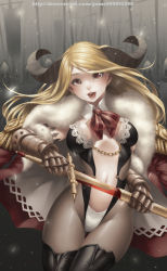 Rule 34 | 1girl, armor, bad id, bad pixiv id, blonde hair, breasts, brown eyes, chain, demon girl, gauntlets, highres, horns, knight, large breasts, long hair, naidong (artist), navel, original, scabbard, sheath, solo, sword, thighhighs, undead, unsheathing, weapon