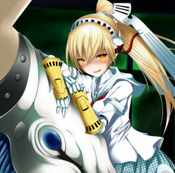 Rule 34 | 1girl, alternate color, armor, asterios, atlus, blonde hair, blush, dark persona, joints, labrys (persona), long hair, looking at viewer, open mouth, persona, persona 4, persona 4: the ultimate in mayonaka arena, robot joints, school uniform, shadow (persona), shimo (depthbomb), skirt, smile, solo, yellow eyes