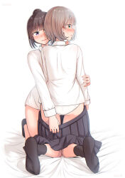 Rule 34 | 2girls, absurdres, ass, betock, black skirt, black socks, blush, collared shirt, commentary request, green eyes, grey hair, hair bun, highres, kneehighs, kneeling, long sleeves, looking at viewer, multiple girls, no shoes, open mouth, original, panties, parted lips, pleated skirt, purple eyes, school uniform, shirt, single hair bun, skirt, socks, sweatdrop, underwear, undressing another, white panties, white shirt, yuri
