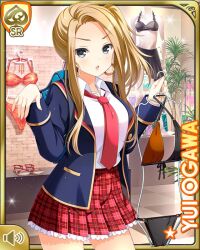 Rule 34 | 1girl, :o, blazer, blonde hair, blue jacket, breasts, card, character name, day, girlfriend (kari), grey eyes, indoors, jacket, large breasts, long hair, necktie, official art, ogawa yui (girlfriend kari), open mouth, plaid, plaid skirt, qp:flapper, red necktie, red skirt, school uniform, shirt, side ponytail, skirt, solo, tagme, white shirt