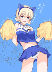 Rule 34 | 1girl, :d, bad id, bad pixiv id, blonde hair, blouse, blue eyes, blue shirt, blush, cheerleader, clothes writing, hairband, highres, holding, kento1102, noble witches, open mouth, panties, pantyshot, pom pom (cheerleading), print shirt, rosalie de hemricourt de grunne, shirt, short hair, sketch, skirt, smile, solo, standing, strike witches, translated, underwear, upskirt, white panties, world witches series