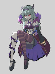 Rule 34 | 1girl, bad id, bad twitter id, black hairband, blue hair, chaos aurora (grimms notes), detached sleeves, full body, grimms notes, hairband, hikidterra, hikidterra, light blue hair, long hair, messy hair, red eyes, shaded face, single sock, smile, socks, solo, thorns, wheel