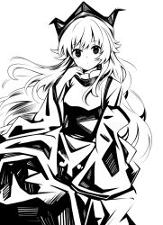 Rule 34 | 1girl, closed mouth, hanokami, hat, high contrast, highres, long hair, long sleeves, looking at viewer, matara okina, monochrome, simple background, solo, tabard, touhou, tricorne