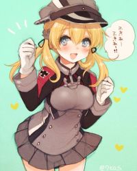Rule 34 | 10s, 1girl, :d, bad id, bad twitter id, blonde hair, breasts, cross, gloves, hat, heart, iron cross, kantai collection, large breasts, long hair, military, military uniform, open mouth, peaked cap, prinz eugen (kancolle), sanada nako, smile, solo, twintails, uniform
