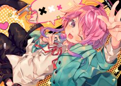 Rule 34 | 1boy, ;d, ahoge, amemura ramuda, ana (rznuscrf), arm up, black pants, blue eyes, buttons, candy, character name, commentary request, dot nose, dress shirt, dutch angle, food, green jacket, holding, holding candy, holding food, holding lollipop, hood, hood down, hooded jacket, hypnosis mic, jacket, legs up, lollipop, long sleeves, male focus, neck ribbon, one eye closed, open mouth, oversized clothes, pants, pink hair, polka dot, polka dot background, red ribbon, ribbon, shirt, short hair with long locks, smile, solo, sparkle, sparkling eyes, speech bubble, spoken x, star (sky), suspenders hanging, w, white shirt, x