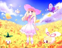 Rule 34 | 1girl, anzu (01010611), bad id, bad pixiv id, blonde hair, blush, braid, butterfree, clenched hand, closed mouth, cloud, commentary request, creatures (company), cutiefly, day, dress, eyelashes, field, flower, flower field, game freak, gen 1 pokemon, gen 5 pokemon, gen 7 pokemon, green eyes, hand on headwear, hat, lillie (pokemon), long hair, nintendo, outdoors, petilil, pokemon, pokemon (creature), pokemon sm, sky, smile, socks, standing, sun hat, sundress, twin braids, white dress, white headwear