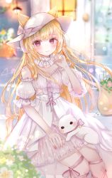 Rule 34 | 1girl, absurdres, animal, animal ears, bad id, bad pixiv id, blonde hair, blurry, blurry background, blush, bow, cat, cat ears, closed mouth, commission, depth of field, detached sleeves, dress, ears through headwear, feet out of frame, flower, hand up, hat, hat bow, highres, huge filesize, nail polish, original, pink bow, pink flower, pixiv commission, plant, potted plant, puffy short sleeves, puffy sleeves, red eyes, red nails, sakura mochiko, short sleeves, sitting, smile, solo, white cat, white dress, white flower, white hat, white sleeves, window