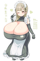 Rule 34 | 1girl, absurdres, asymmetrical bangs, blush, breasts, brown eyes, dot nose, eyelashes, female focus, full body, gigantic breasts, heart, highres, huge breasts, japanese text, light brown hair, long hair, looking at viewer, maid, maid headdress, measurements, mimiru6969, one eye closed, oppai loli, original, skindentation, smile, solo, standing, translation request, v, white background, wink