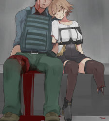 Rule 34 | 1boy, 1girl, amputee, bleeding, blood, blood on clothes, brown hair, bulletproof vest, collarbone, collared shirt, damaged, girls&#039; frontline, gloves, highres, injury, leaning on person, mechanical parts, missing limb, nosebleed, shirt, short hair, side-by-side, sitting, thighhighs, tsurugi (the horizon), vector (girls&#039; frontline), yellow eyes