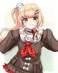 Rule 34 | 1girl, blonde hair, bow, brown background, brown cardigan, cardigan, fang, fingers to cheeks, frilled shirt collar, frills, gradient background, green background, green eyes, grin, hair ornament, hairclip, hamura, highres, hololive, long hair, long sleeves, looking at viewer, momosuzu nene, momosuzu nene (casual), neckerchief, plaid, plaid skirt, pleated skirt, polka dot, polka dot background, pom pom (clothes), pom pom hair ornament, red neckerchief, red skirt, sailor collar, shirt, side ponytail, skirt, smile, solo, upper body, virtual youtuber, white bow, white sailor collar, white shirt