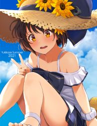 Rule 34 | 1girl, 2021, blue bow, blue sky, bow, brown hair, character name, cloud, day, dress, flower, hat, hat flower, highres, kantai collection, off-shoulder dress, off shoulder, open mouth, orange eyes, outdoors, sandals, short hair, sky, solo, straw hat, summer, upper body, v, watanore, white dress, yellow flower, yukikaze (kancolle)