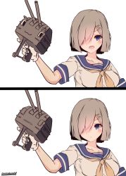Rule 34 | 1girl, 2koma, :3, :d, artist name, blue eyes, blush, cannon, comic, commentary request, closed eyes, gloves, grey hair, hair ornament, hair over one eye, hairclip, hamakaze (kancolle), highres, kantai collection, momimaki, neckerchief, open mouth, sailor collar, school uniform, serafuku, short hair, simple background, smile, trigger discipline, upper body, white background, white gloves, yellow neckerchief