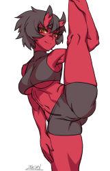 Rule 34 | 1girl, bike shorts, black hair, breasts, cameltoe, closed mouth, colored skin, feet out of frame, horns, kidouko (zakusi), large breasts, looking at viewer, navel, oni, oni horns, orange eyes, original, red oni, red skin, short hair, signature, simple background, smile, solo, split, sports bra, standing, standing on one leg, standing split, toned, underboob, white background, zakusi