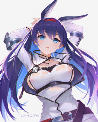 Rule 34 | 1girl, animal ears, arknights, armlet, arms behind back, arms up, belt, belt buckle, blaze (arknights), blue eyes, blue hair, blurry, blush, breasts, buckle, competition swimsuit, depth of field, framed breasts, grey background, gu tao, hairband, highres, jacket, long hair, long sleeves, looking at viewer, md5 mismatch, medium breasts, multicolored hair, one-piece swimsuit, open clothes, open jacket, parted lips, purple hair, red hairband, resolution mismatch, sideboob, simple background, solo, source larger, swimsuit, swimsuit under clothes, two-tone hair, underbust, upper body, white jacket, white one-piece swimsuit