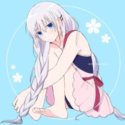 Rule 34 | 1girl, alternate hairstyle, apron, bare arms, barefoot, blue background, blue eyes, blue one-piece swimsuit, blunt ends, blush, braid, cherry blossom print, closed mouth, commentary, floral print, frown, full body, hair between eyes, hair ornament, hairclip, highres, hugging own legs, jitome, knees up, leaning forward, long hair, looking at viewer, naruse shiroha, one-piece swimsuit, pink apron, sidelocks, simple background, single braid, sitting, solo, summer pockets, sweatdrop, swimsuit, twitter username, very long hair, white hair, xdjf63qbpt0iqmj