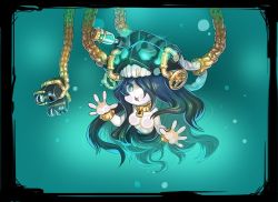 Rule 34 | 10s, 1girl, abyssal ship, black hair, blue eyes, border, breasts, chain, chaki (teasets), colored skin, commentary request, gradient background, hair over one eye, hat, in water, kantai collection, long hair, looking at viewer, nude, open mouth, pale skin, so-class submarine, solo, submerged, upper body, water, white skin