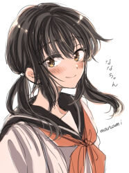 Rule 34 | 1girl, black sailor collar, blush, brown eyes, brown hair, character name, closed mouth, commentary request, grey shirt, hair between eyes, himawari-san, looking at viewer, nanase nanako, neckerchief, red neckerchief, sailor collar, school uniform, serafuku, shirt, signature, simple background, sketch, smile, solo, sugano manami, translated, twintails day, two side up, upper body, white background