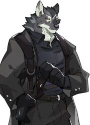 Rule 34 | animal ears, arknights, black gloves, black shirt, formal, furry, furry male, gambino (arknights), gloves, greyscale, hagrang, hand in pocket, harness, highres, male focus, monochrome, scar, shirt, suit