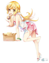 Rule 34 | 1girl, :p, bakemonogatari, bare arms, bare shoulders, barefoot, blonde hair, box, brown eyes, camisole, closed mouth, commentary request, doughnut, food, full body, hand up, high heels, highres, holding, holding food, long hair, looking at viewer, monogatari (series), oshino shinobu, pink skirt, sandals, simple background, skirt, smile, solo, tongue, tongue out, very long hair, white background, white camisole, white footwear, youta