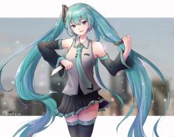 Rule 34 | 1girl, aqua eyes, aqua hair, bare shoulders, blush, breasts, chinese commentary, commentary request, cowboy shot, detached sleeves, dl lizijiang, fang, hair ornament, unworn hair ornament, hatsune miku, highres, holding, holding knife, knife, long hair, necktie, painttool sai, skirt, small breasts, smile, standing, thighhighs, very long hair, vocaloid, zettai ryouiki