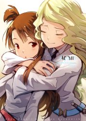 Rule 34 | 2girls, :o, belt, blonde hair, blush, brown hair, character name, closed eyes, closed mouth, diana cavendish, dress, green hair, grey dress, hug, hug from behind, kagari atsuko, kuma (bloodycolor), little witch academia, long hair, long sleeves, looking at viewer, multicolored hair, multiple girls, open mouth, red eyes, single sidelock, tareme, tears, topknot, two-tone hair, upper body, very long hair, wavy hair, yuri