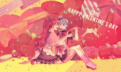 Rule 34 | 10s, 2016, 2girls, apron, blue eyes, blue hair, boots, bow, closed eyes, dress, fang, food in mouth, hair ribbon, hat, heart, kyubey, long hair, mahou shoujo madoka magica, mahou shoujo madoka magica (anime), miki sayaka, mizuki (flowerlanguage), multiple girls, ponytail, red hair, ribbon, sakura kyoko, smile, top hat, valentine