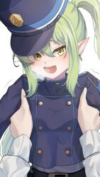 Rule 34 | 1boy, 1girl, absurdres, belt, black belt, blue archive, blue hat, blue jacket, blush, buttons, commentary request, earrings, fang, flat chest, green hair, hair between eyes, hat, heavy breathing, highres, holding, jacket, jewelry, lavriell, long sleeves, looking at viewer, nozomi (blue archive), open mouth, pointy ears, shirt, sidelocks, skin fang, smile, solo focus, sweat, trembling, twintails, uniform, upper body, white background, white shirt, yellow eyes