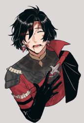 Rule 34 | 1boy, :d, ^ ^, armor, belt buckle, black cape, black gloves, black hair, blood, blood from mouth, blood in hair, blood on face, buckle, cape, closed eyes, collared cape, constantine xi (fate), cropped torso, earrings, elbow gloves, facing viewer, fate/grand order, fate (series), gloves, grey background, hair between eyes, hand on own chest, highres, itokon300, jewelry, lower teeth only, male focus, open mouth, red armor, short hair, shoulder belt, side cape, simple background, smile, solo, teeth, upper body