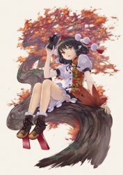 Rule 34 | 1girl, :o, autumn leaves, black hair, black ribbon, black skirt, brown eyes, brown footwear, buttons, camera, cross-laced footwear, frilled skirt, frills, full body, geta, grey background, hand up, hat, hauchiwa, highres, holding, holding camera, leaf, looking at viewer, masakichi (mmw), neck ribbon, official art, open mouth, pointy ears, pom pom (clothes), puffy short sleeves, puffy sleeves, red hat, ribbon, shameimaru aya, shirt, short hair, short sleeves, simple background, sitting, skirt, solo, strange creators of outer world, tengu-geta, third-party source, tokin hat, touhou, tree, white shirt