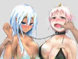 Rule 34 | 1boy, 2girls, bakkanki, bikini, blue eyes, blue hair, blue oni, blush, breast press, breasts, chain, cleavage, collar, crying, crying with eyes open, dark-skinned female, dark skin, fangs, finger in another&#039;s mouth, forced, holding another&#039;s wrist, horns, huge breasts, large breasts, linked collar, long hair, multiple girls, oni, original, pink hair, pointy ears, pov, red eyes, red oni, short hair, sideboob, single horn, slave, swimsuit, symmetrical docking, tears