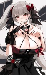 Rule 34 | 1girl, absurdres, azur lane, bare shoulders, black bow, black dress, black gloves, bow, breasts, cleavage, closed mouth, commentary request, dress, dress bow, earpiece, fingerless gloves, formidable (azur lane), formidable (muse) (azur lane), gloves, grey hair, hair ornament, heart, heart hands, highres, huge breasts, long hair, looking at viewer, official alternate costume, red eyes, simple background, single glove, smile, solo, twintails, upper body, very long hair, white background, yamaha tsui