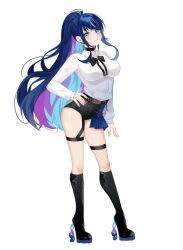 Rule 34 | 1girl, arm at side, black bow, black shorts, blue hair, blue skirt, blush, boots, bow, breasts, choker, closed mouth, commentary, earrings, english commentary, fishnets, full body, hand on own hip, high heels, high ponytail, highres, jewelry, knee boots, long hair, long sleeves, looking at viewer, medium breasts, nail polish, nana asteria, pink hair, plaid, plaid skirt, prism project, purple hair, rex sama, second-party source, shirt, shorts, sidelocks, skirt, smile, solo, standing, swept bangs, very long hair, virtual youtuber, white background, white shirt