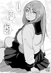 Rule 34 | 1girl, absurdres, glasses, greyscale, hadashi no kenji, highres, long sleeves, looking at viewer, monochrome, neckerchief, original, outdoors, school uniform, sitting, skirt, solo, speech bubble