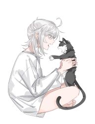 Rule 34 | 1girl, ahoge, animal, animalization, bare legs, barefoot, black cat, cat, commentary request, fang, from side, full body, highres, holding, holding animal, holding cat, long shirt, long sleeves, looking at animal, molu stranger, nijisanji, open mouth, pink eyes, shirayuki tomoe, simple background, sitting, solo, sukoya kana, twintails, virtual youtuber, white background, white hair